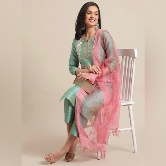 Sea Green Floral Embroidery Kurta Set With Bhaglpuri Silk Dupatta, size XXL - Picture 5 of 9